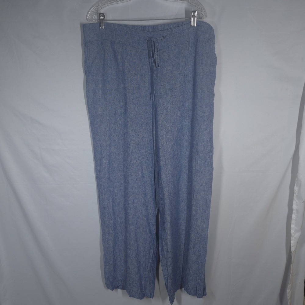 NWT Westport Woman 1X Blue Linen Blend Pull-On Pants Wide Leg Drawstring Relaxed